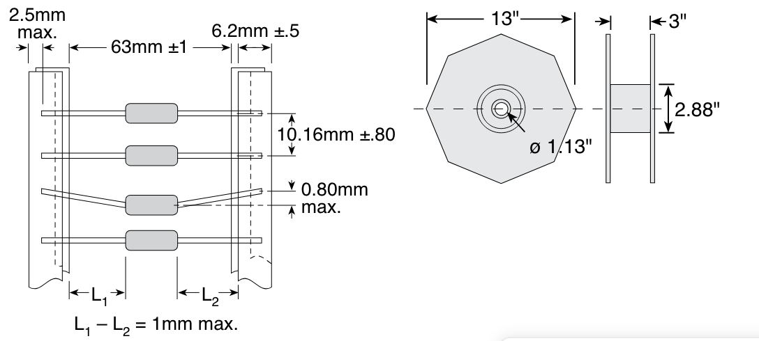 Tape and reel dimensions chart.